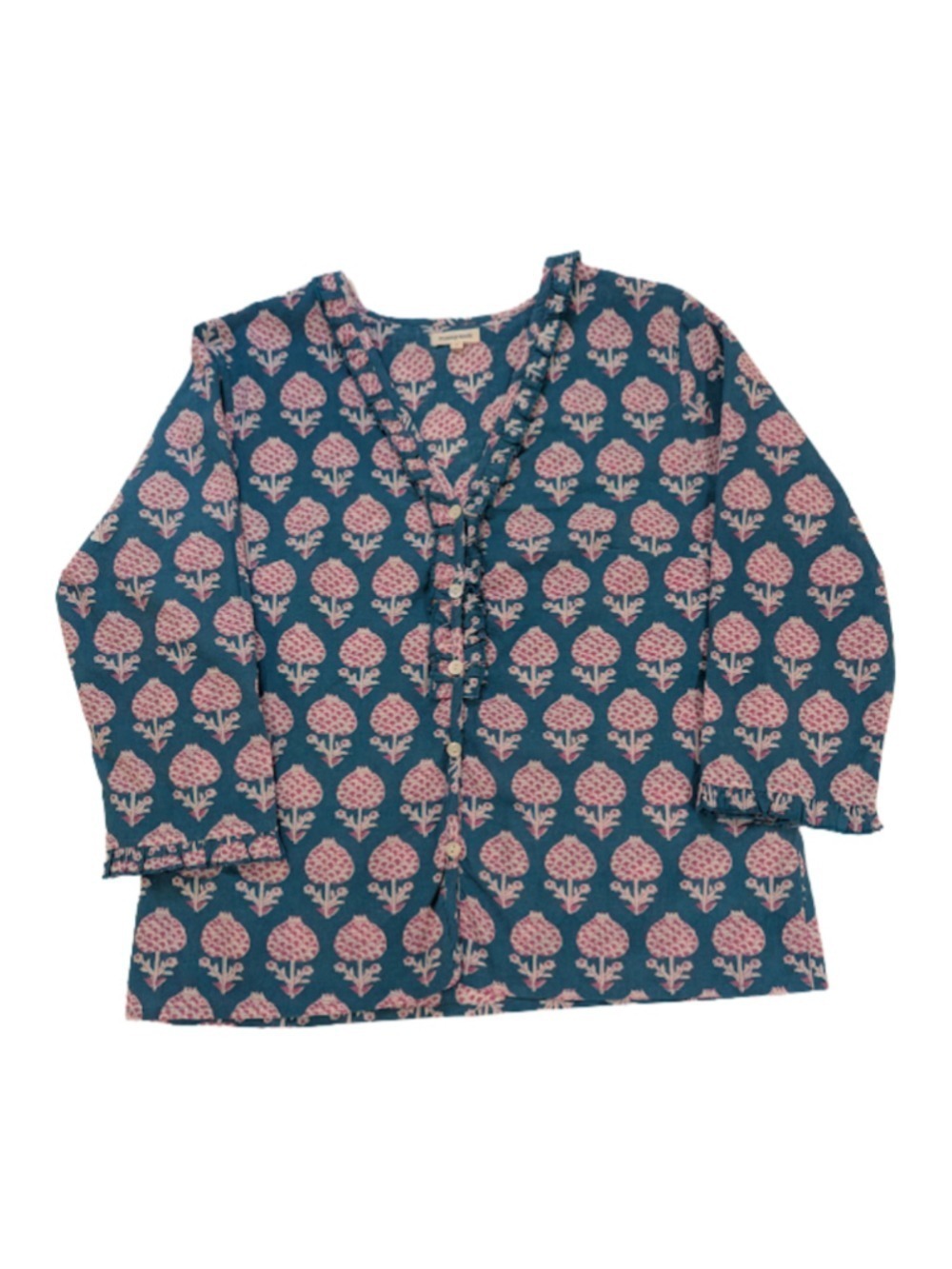 Pomegranate Block Print Boho Cottagecore Cotton Blouse Turquoise Pink Artisan To - Picture 5 of 13
